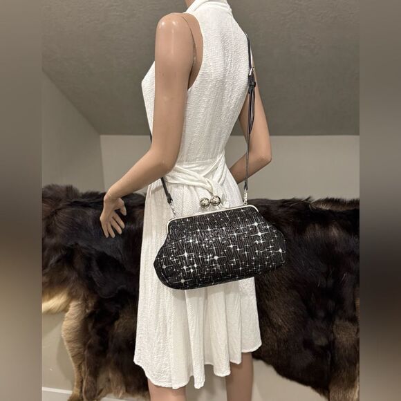 Unique Silver Stars Embossed Leather Handmade Large Balls Kisslock Handbag - Picture 9 of 17